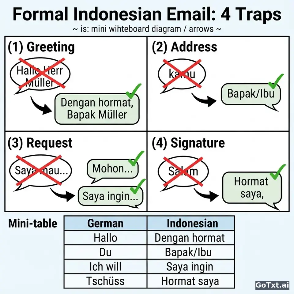 Formelle E-Mails auf Indonesisch: 4 Fallen, die dich sofort als Anfänger verraten — illustration | GoTxt