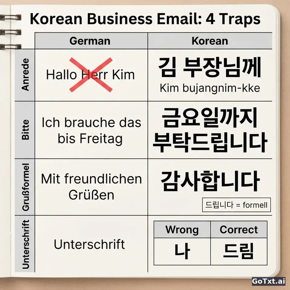 Formelle E-Mails auf Koreanisch: 4 Fallen, die dich sofort als Nicht-Muttersprachler verra — illustration | GoTxt