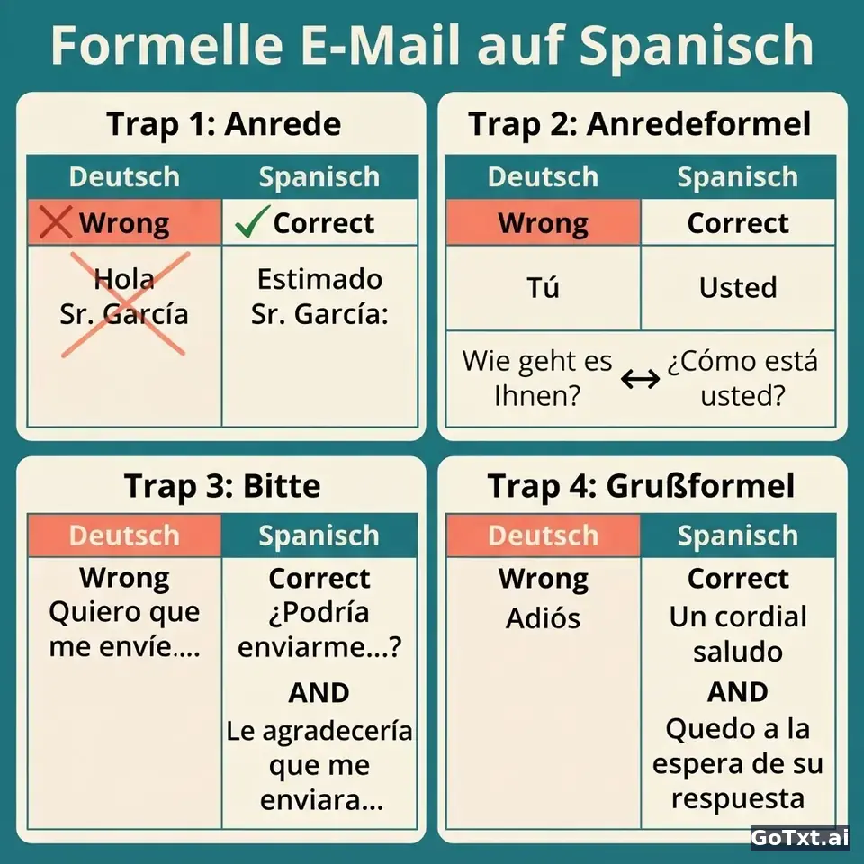 Formelle E-Mails auf Spanisch: 4 Fallen, die dich sofort als Nicht-Muttersprachler verrate — illustration | GoTxt