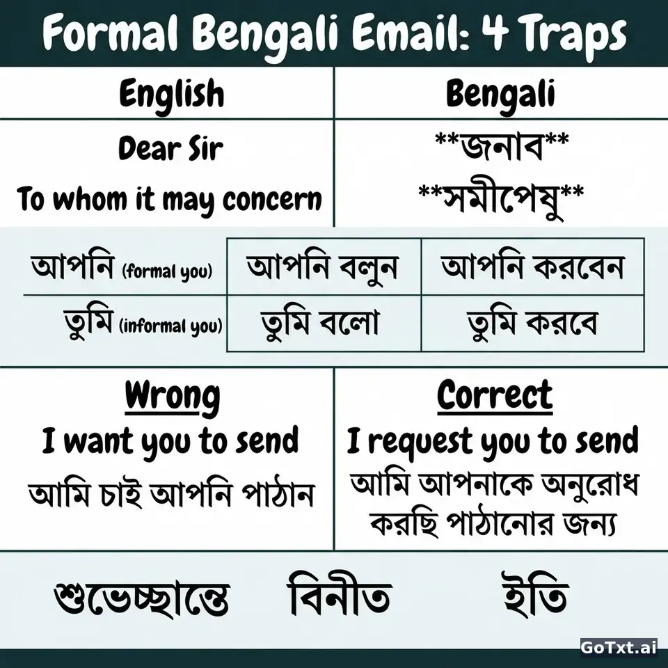 Formal Emails in Bengali: 4 Traps That Instantly Reveal You're Not a Native — illustration | GoTxt