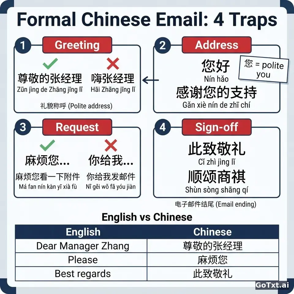 Formal Emails in Chinese: 4 Traps That Instantly Reveal You're Not a Native — illustration | GoTxt