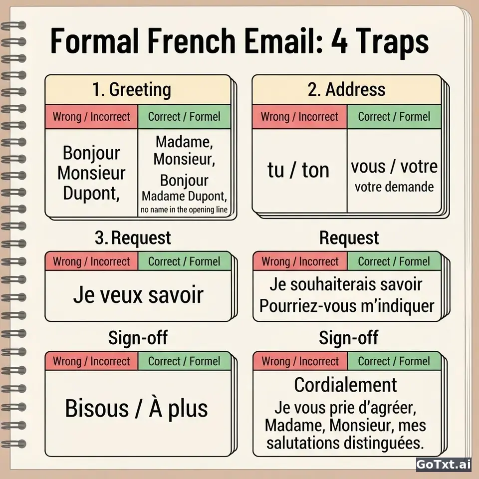 Formal Emails in French: 4 Traps That Instantly Reveal You're Not a Native — illustration | GoTxt