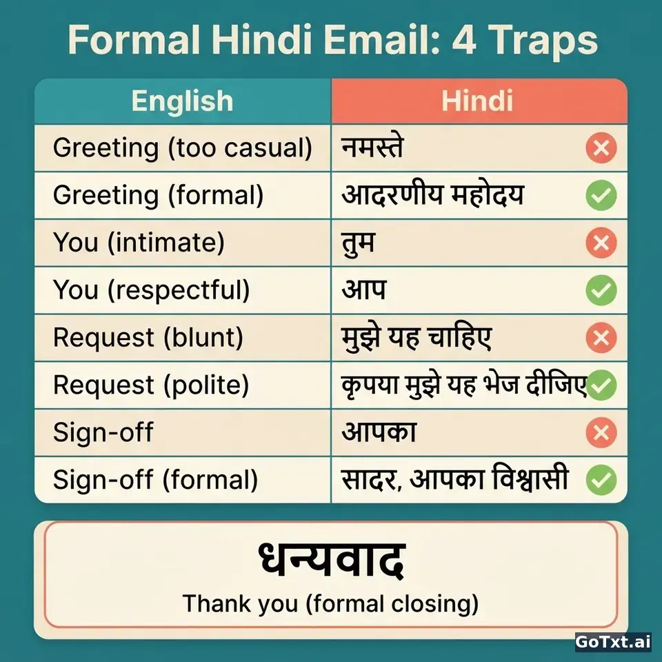 Formal Emails in Hindi: 4 Traps That Reveal You're Not a Native — illustration | GoTxt