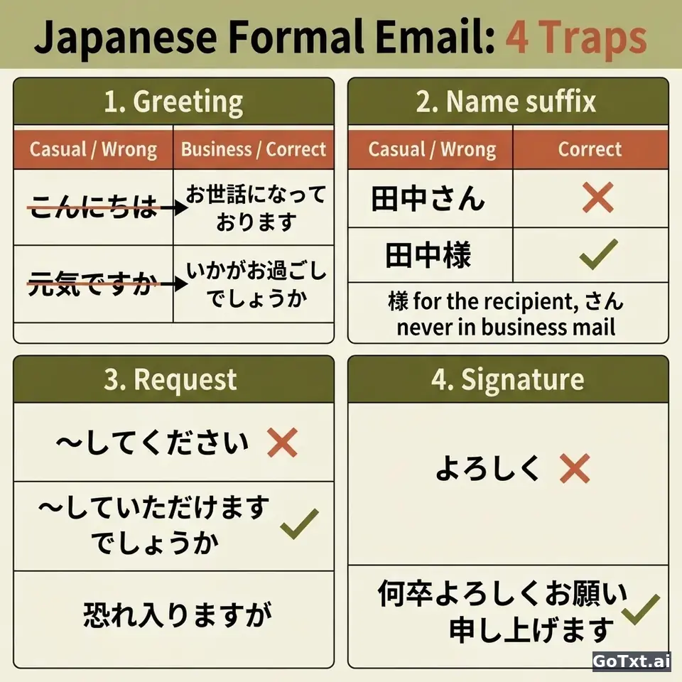 Formal Emails in Japanese: 4 Traps That Instantly Reveal You're Not a Native — illustration | GoTxt