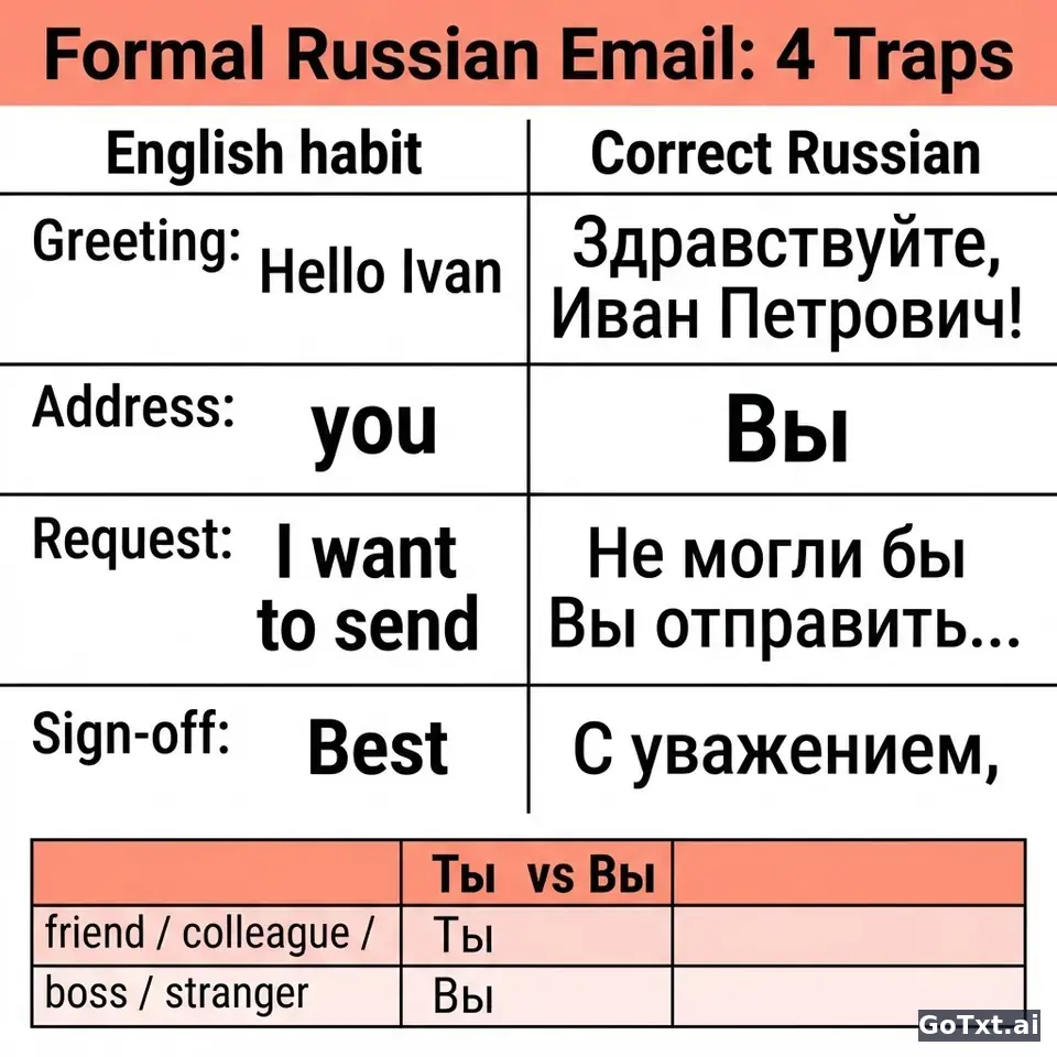 Formal Emails in Russian: 4 Traps That Instantly Reveal You're Not a Native — illustration | GoTxt