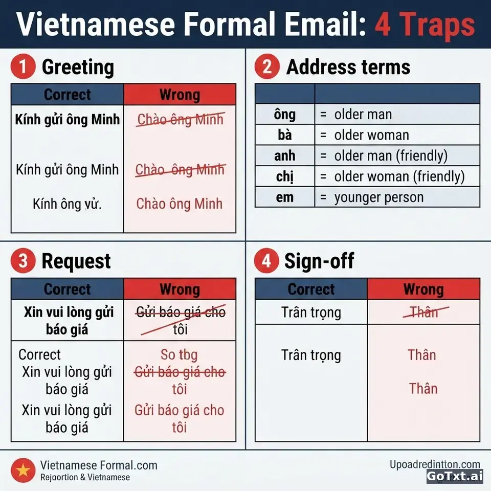 Formal Emails in Vietnamese: 4 Traps That Reveal You're Not a Native — illustration | GoTxt