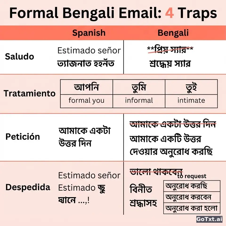 Correos formales en bengalí: 4 trampas que delatan a un no nativo — illustration | GoTxt