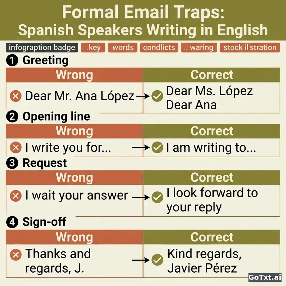Correos formales en inglés: 4 trampas que delatan a un hispanohablante — illustration | GoTxt