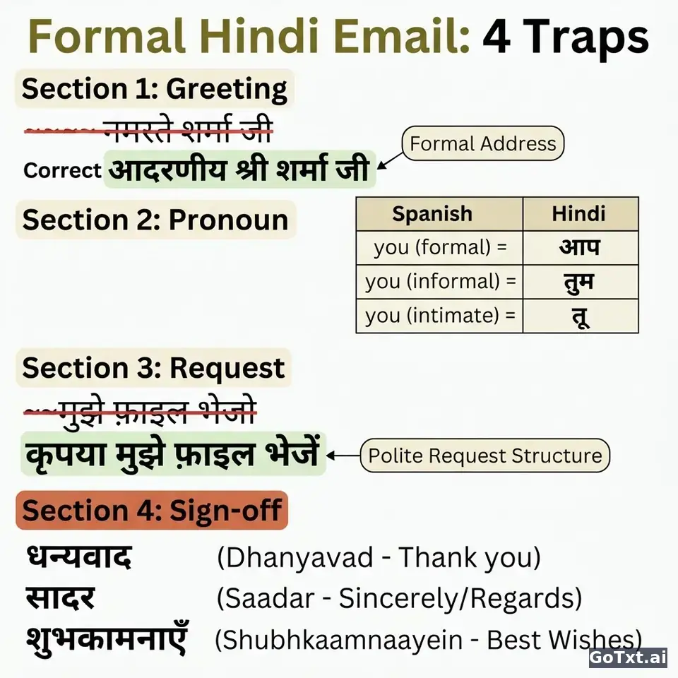 Correos formales en hindi: 4 trampas que delatan a un no nativo — illustration | GoTxt