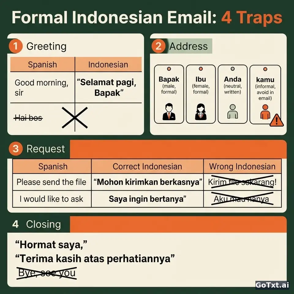 Correos formales en indonesio: 4 trampas que delatan a un no nativo — illustration | GoTxt