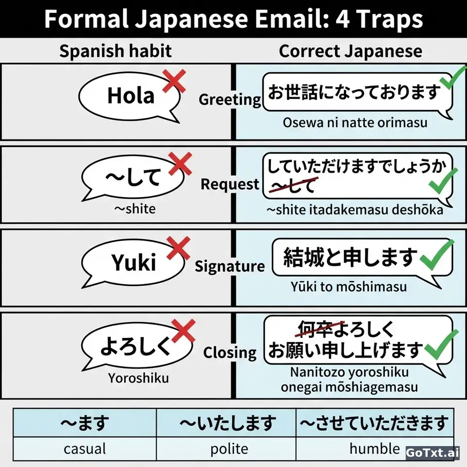 Correos formales en japonés: 4 trampas que delatan a un no nativo — illustration | GoTxt