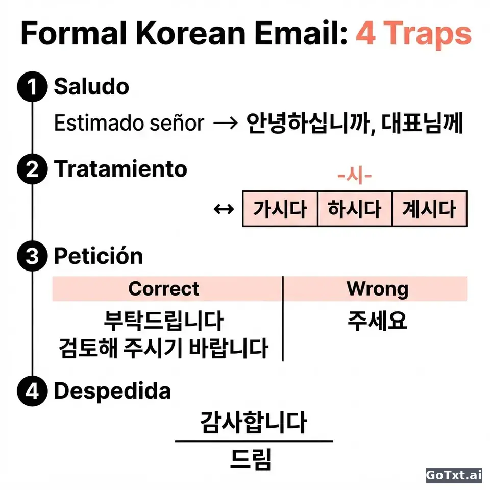 Correos formales en coreano: 4 trampas que delatan a un no nativo — illustration | GoTxt