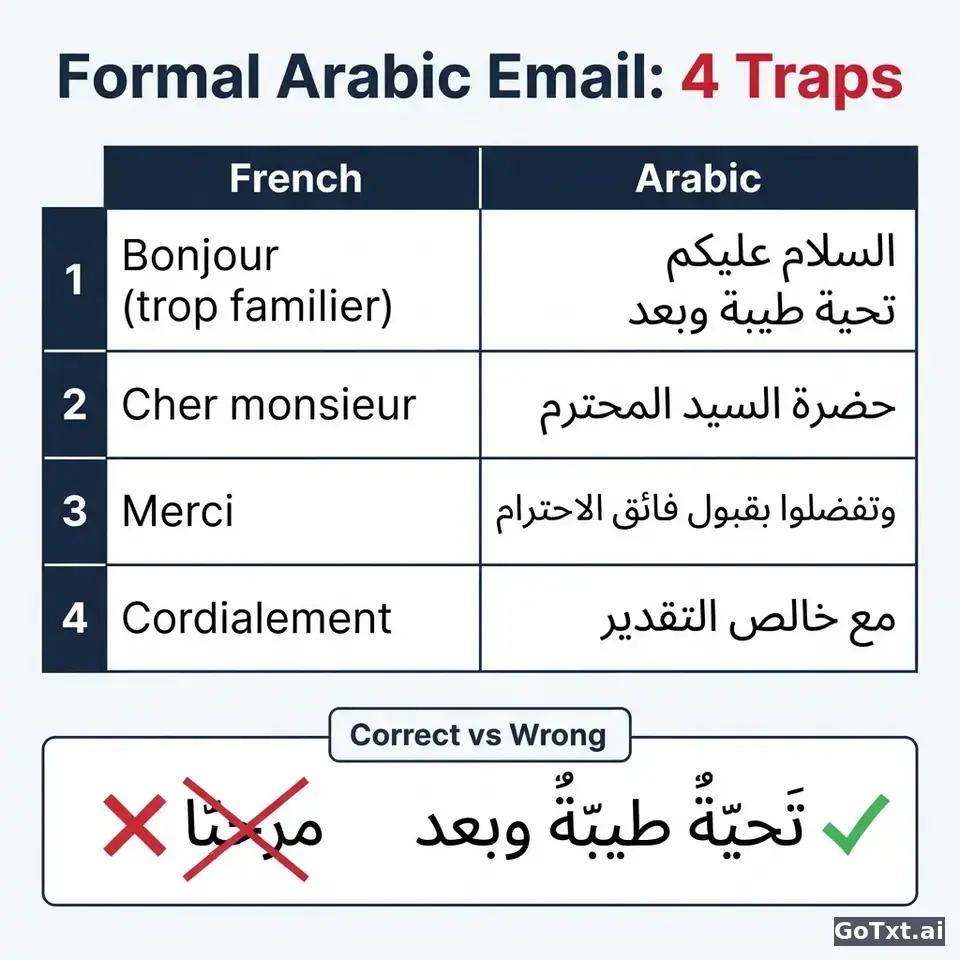 E-mails formels : 4 pièges qui trahissent un non-natif en arabe — illustration | GoTxt