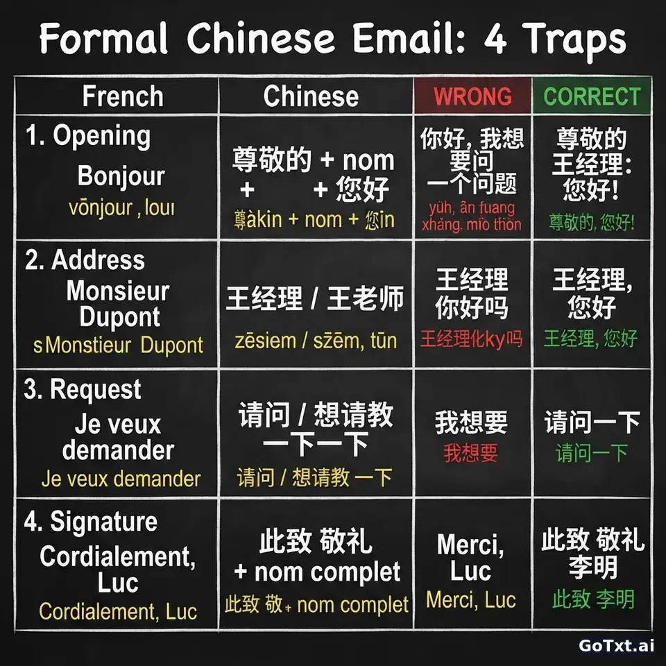 E-mails formels en chinois : 4 pièges qui trahissent un non-natif — illustration | GoTxt