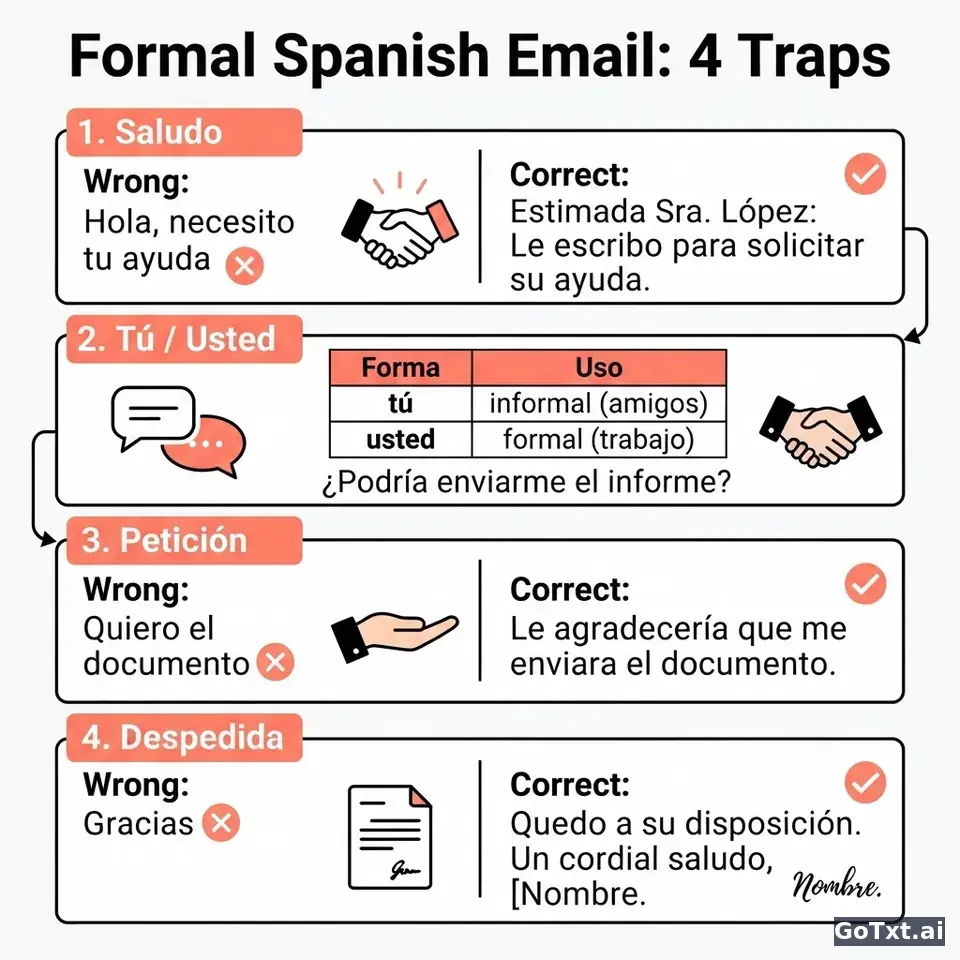 E-mails formels en espagnol : 4 pièges qui trahissent un non-natif — illustration | GoTxt