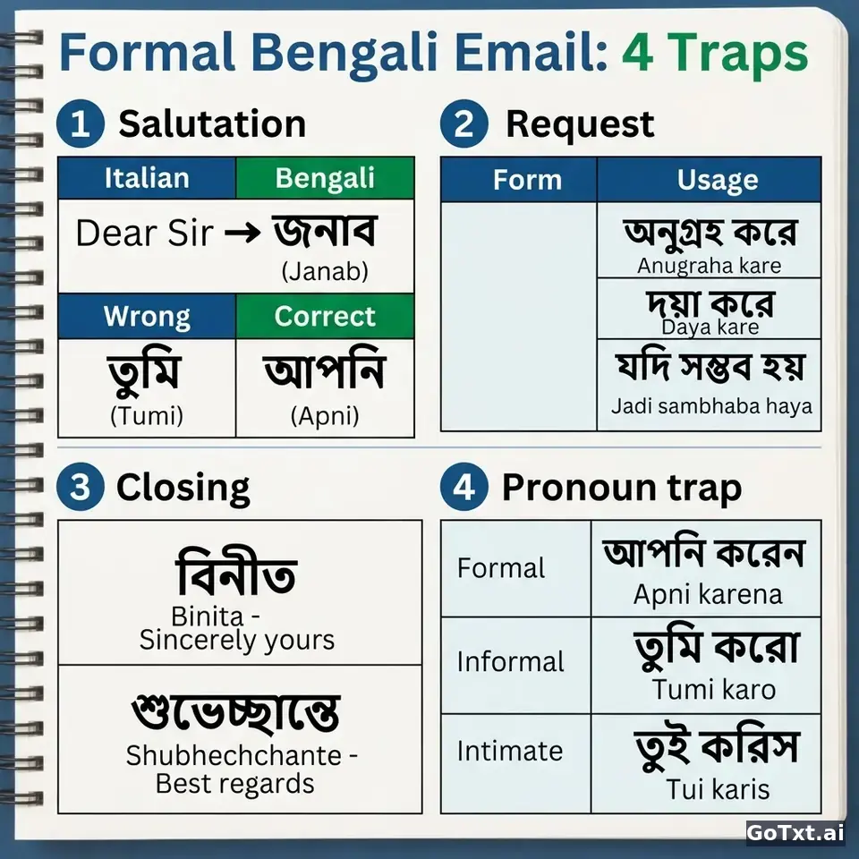 Email formali in bengalese: 4 trappole che ti smascherano subito — illustration | GoTxt