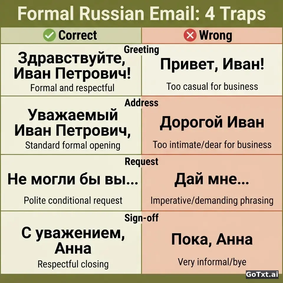 Email formali in russo: 4 trappole che ti smascherano subito — illustration | GoTxt
