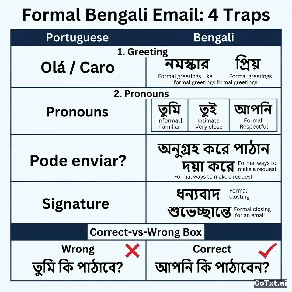 E-mails formais em bengali: 4 armadilhas que denunciam um estrangeiro — illustration | GoTxt