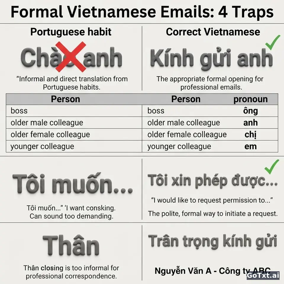 E-mails formais em vietnamita: 4 armadilhas que revelam logo que não és nativo — illustration | GoTxt