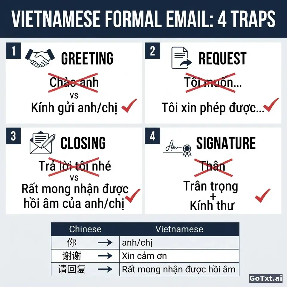 越南语商务邮件：4个陷阱让你一眼被看出是外国人 — illustration | GoTxt