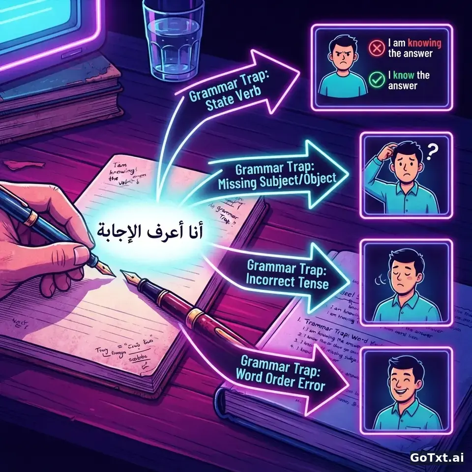 قواعد تبدو غريبة: 4 فِخاخ تجعل الناطق بالعربية يُكشف فوراً في الإنجليزية — illustration | GoTxt