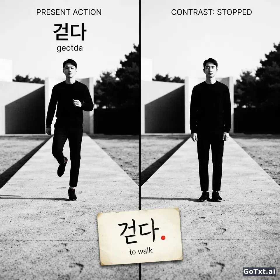 Das koreanische Verb **걷다** (geotda) – gehen, aber richtig: Formen, Fallen und Merkhilfen — illustration | GoTxt
