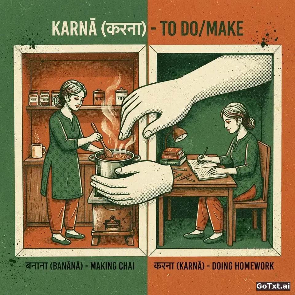Le verbe **karnā** en hindi : maîtrisez enfin le verbe le plus fréquent (et le plus piégeu — illustration | GoTxt