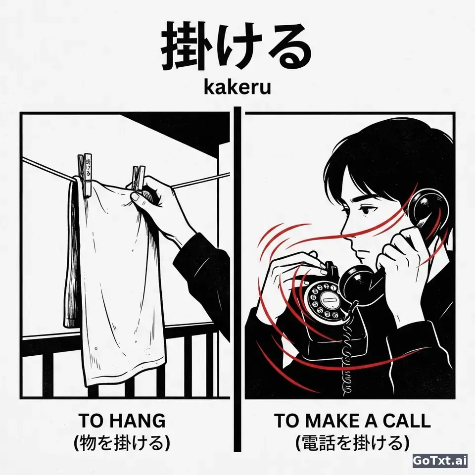 O verbo **kakeru** em japonês: como dominar as formas e não se enforcar nos erros — illustration | GoTxt