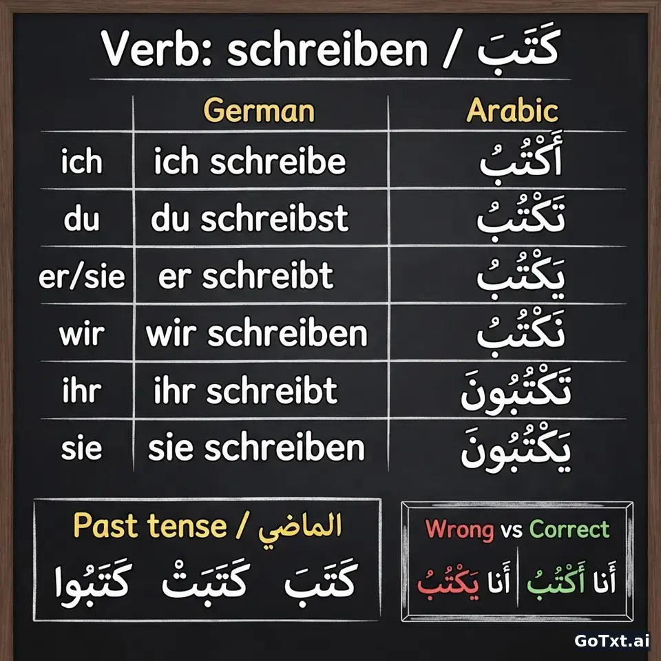 Ein unregelmäßiges arabisches Verb komplett zerlegt: alle Formen von **كَتَبَ** Schritt fü — illustration | GoTxt