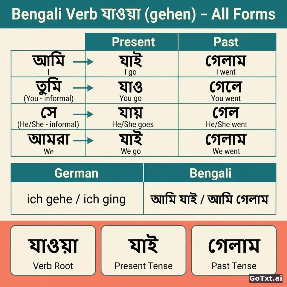 Unregelmäßige Verben auf Bengalisch: „যাওয়া“ (gehen) in allen Formen — illustration | GoTxt