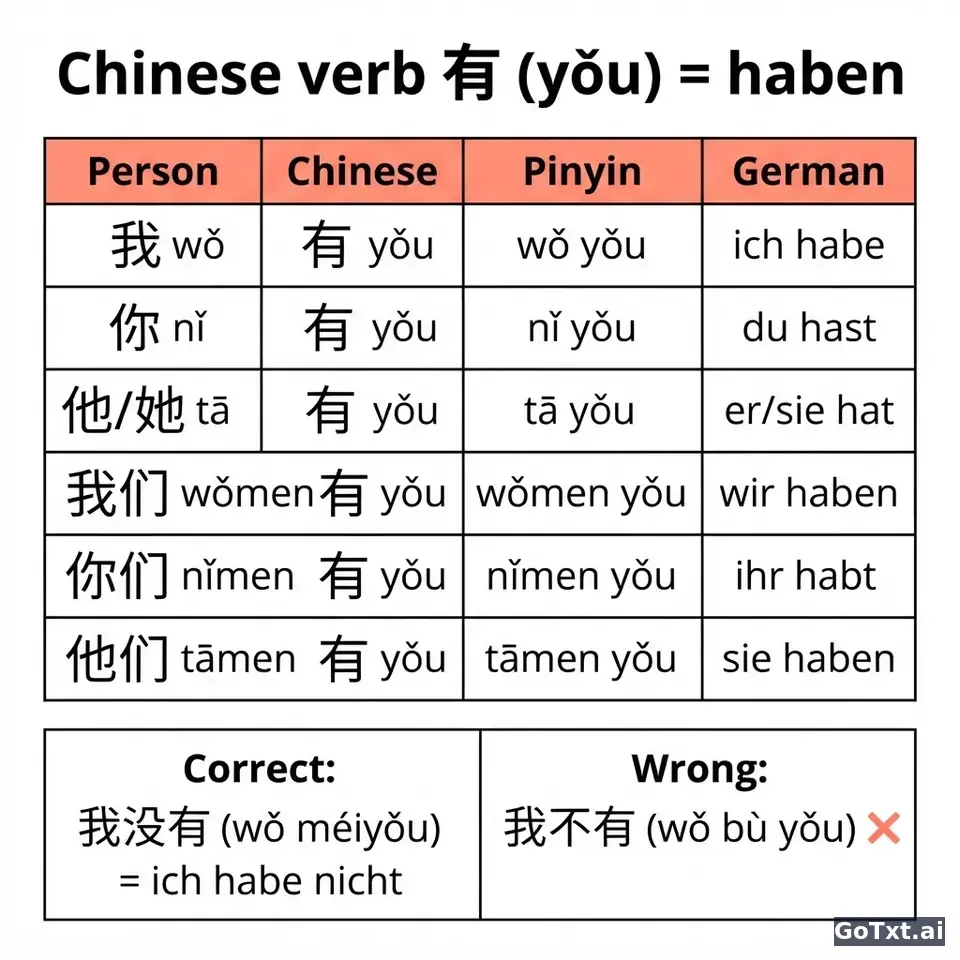 Chinesische Verben ohne Panik: 有 (yǒu) in allen Formen Schritt für Schritt — illustration | GoTxt