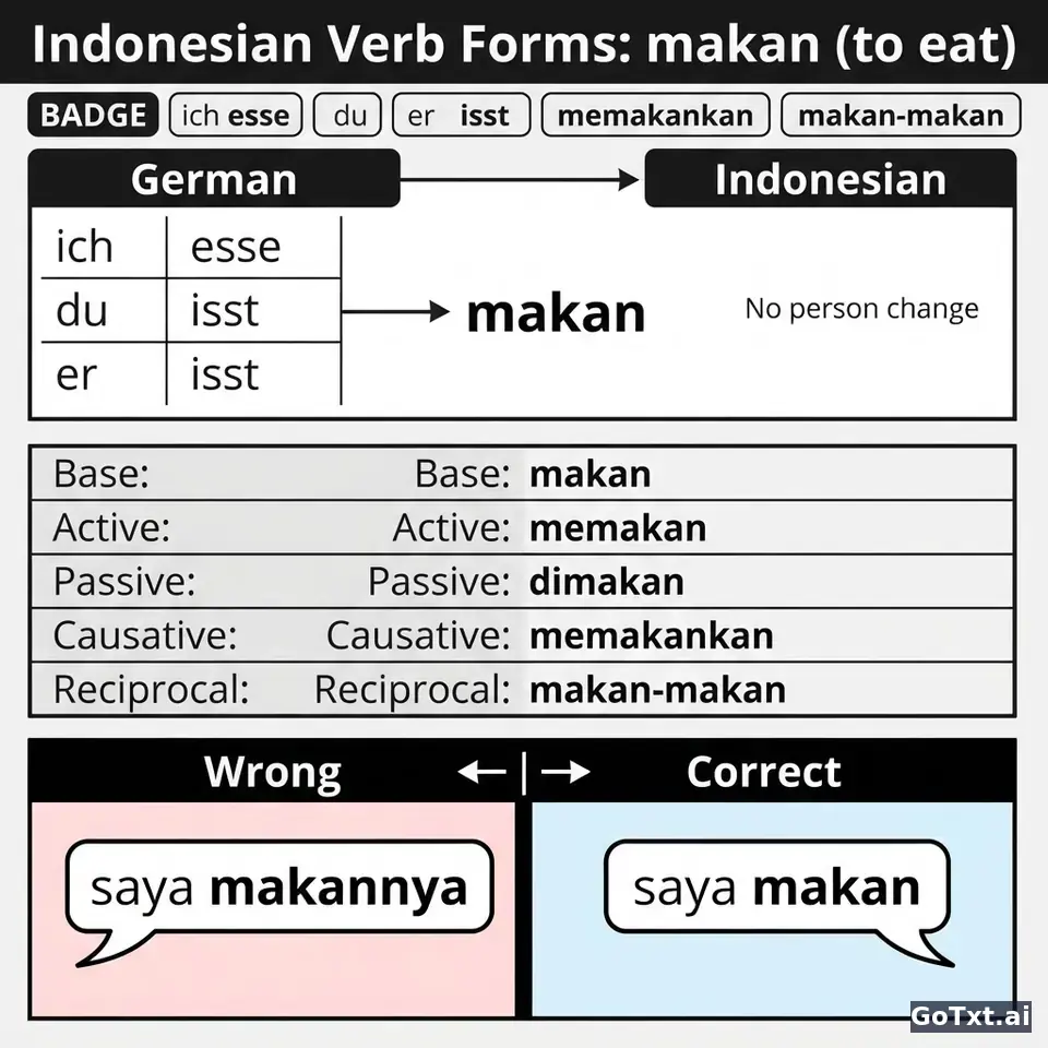 Ein unregelmäßiges Verb, alle Formen: Indonesisch Schritt für Schritt — illustration | GoTxt