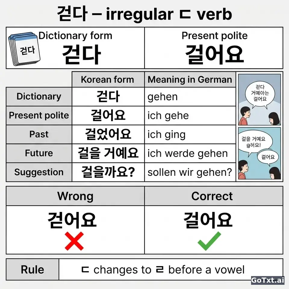 Koreanische unregelmäßige Verben: **걷다** in allen Formen Schritt für Schritt — illustration | GoTxt