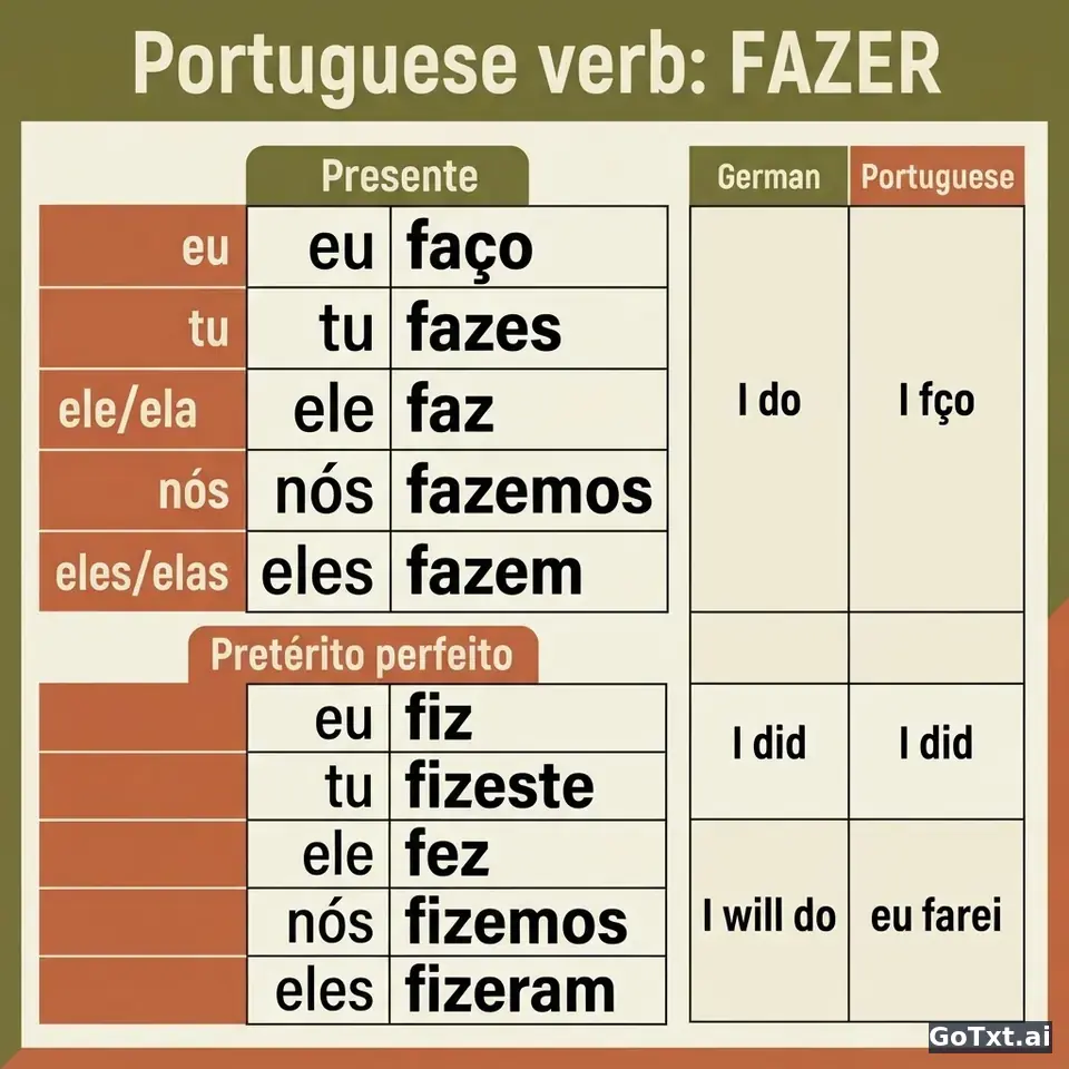 Portugiesische unregelmäßige Verben: „fazer“ in allen Formen Schritt für Schritt — illustration | GoTxt