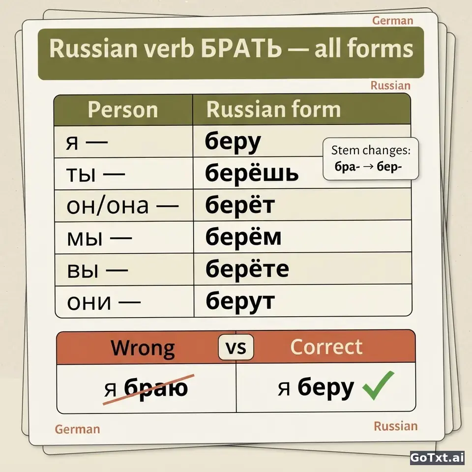 Russische unregelmäßige Verben: «брать» in allen Formen Schritt für Schritt — illustration | GoTxt