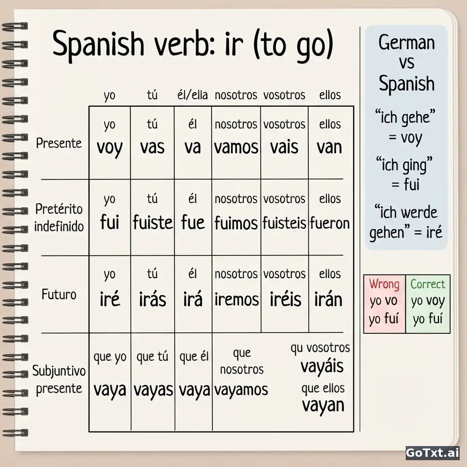 Spanische unregelmäßige Verben: „ir" Schritt für Schritt in allen Formen — illustration | GoTxt