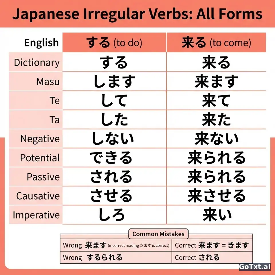 Japanese Irregular Verbs: One Verb, All Its Forms, Step by Step — illustration | GoTxt