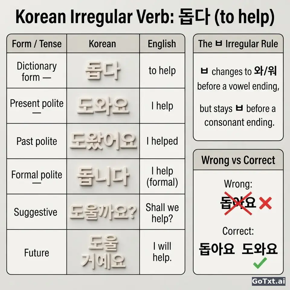 Korean Irregular Verbs: One Verb, All Its Forms, Step by Step — illustration | GoTxt