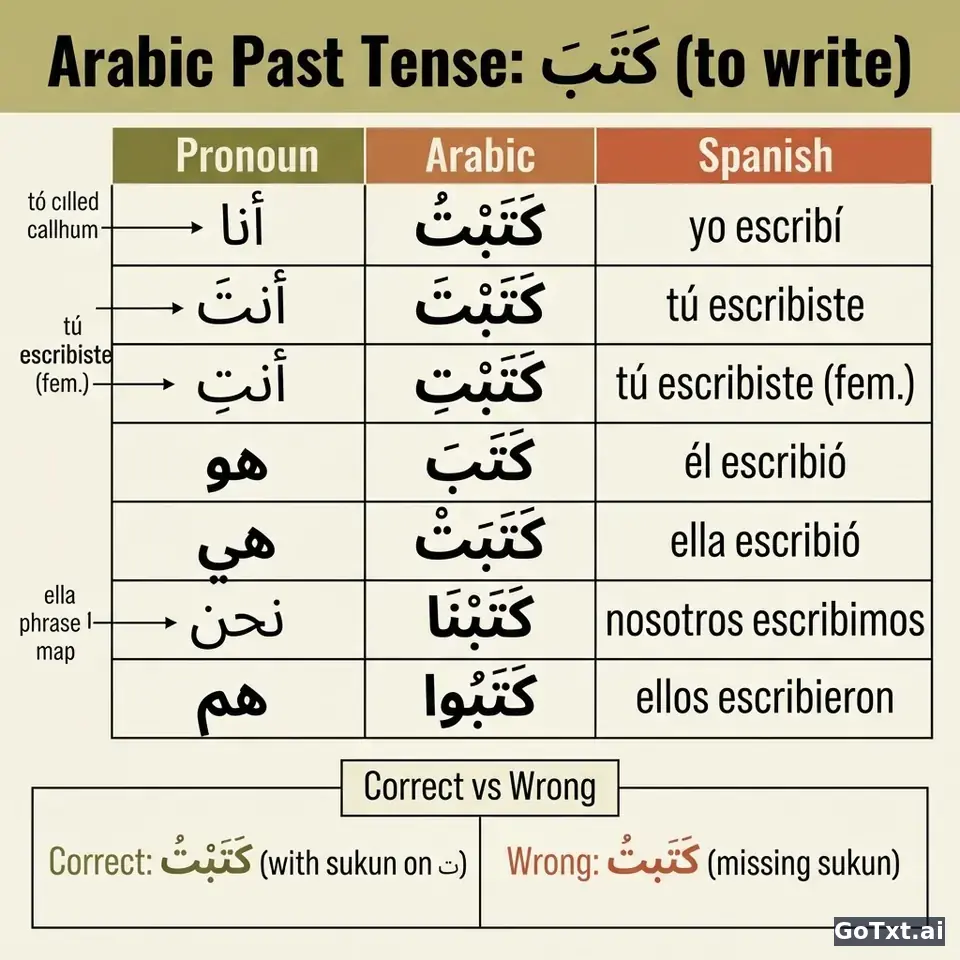 Verbos irregulares en árabe: el verbo "escribir" (كَتَبَ) forma por forma — illustration | GoTxt