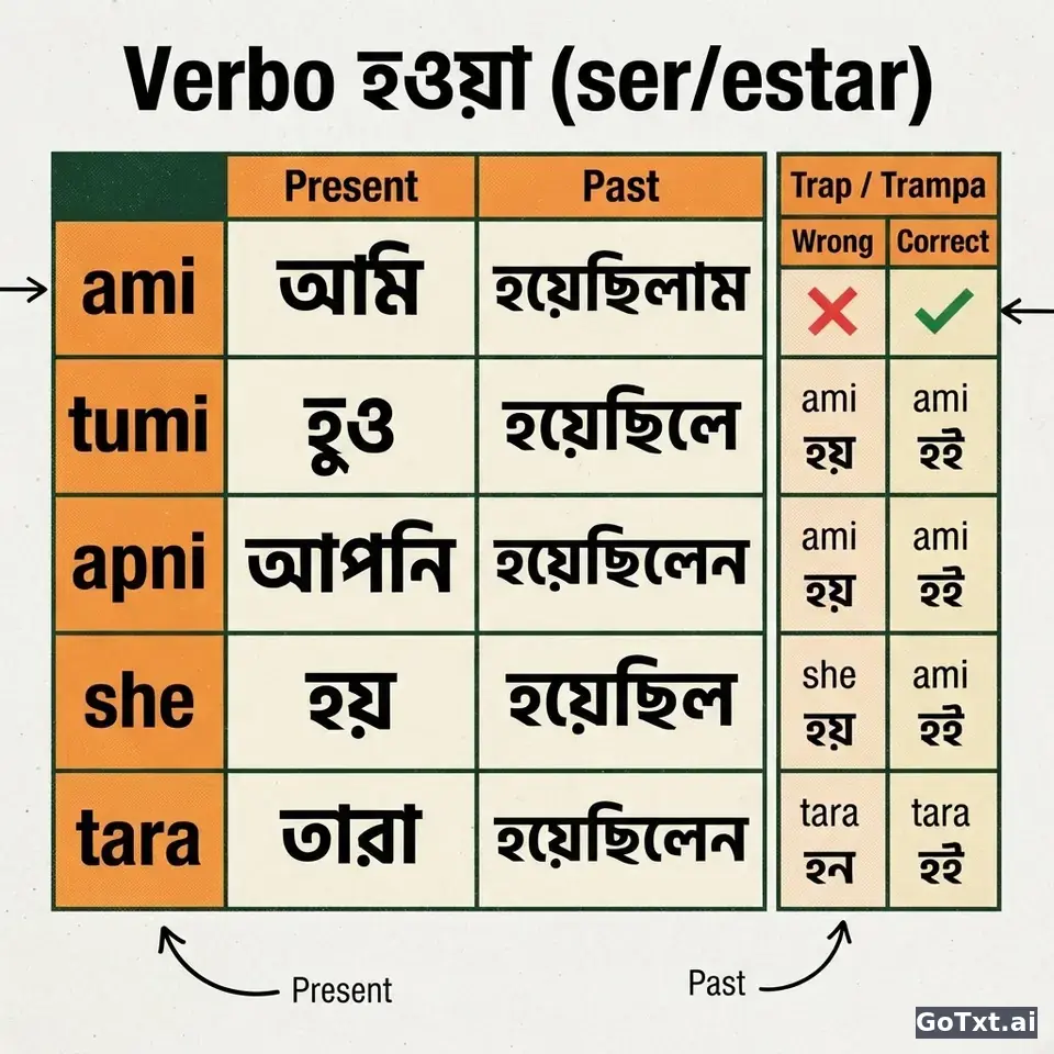 Verbos irregulares en bengalí: el verbo "ser" (হওয়া) explicado paso a paso — illustration | GoTxt