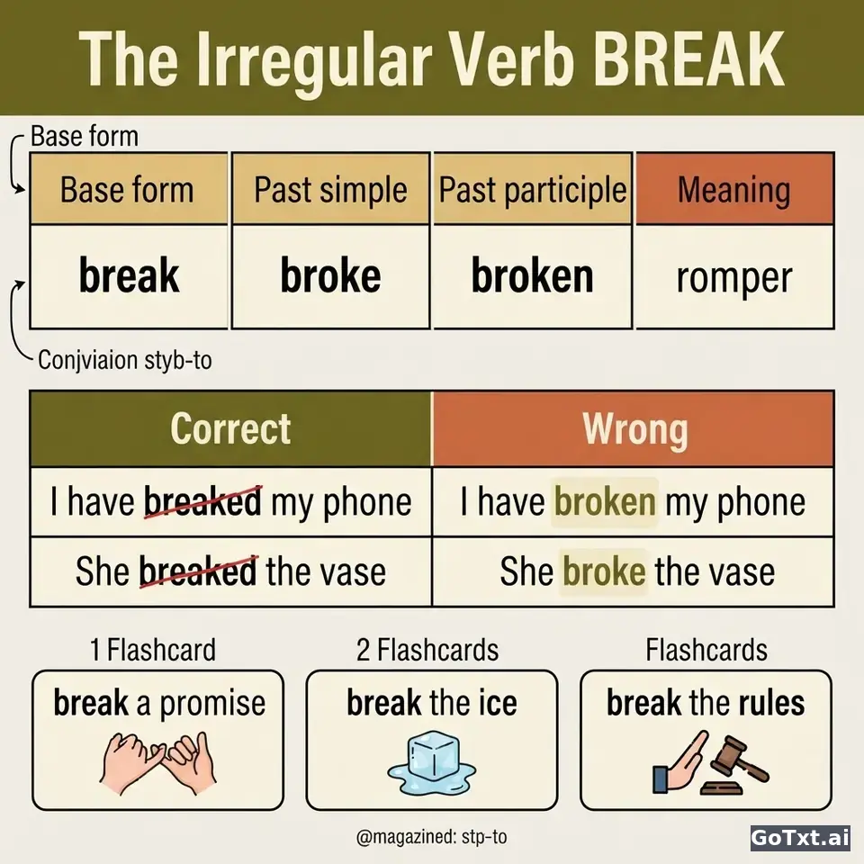 Verbos irregulares en inglés: el verbo "break", todas sus formas paso a paso — illustration | GoTxt