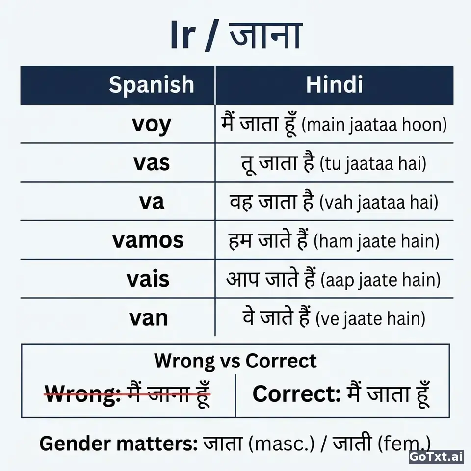 Verbos irregulares en hindi: el verbo "ir" (जाना) paso a paso — illustration | GoTxt