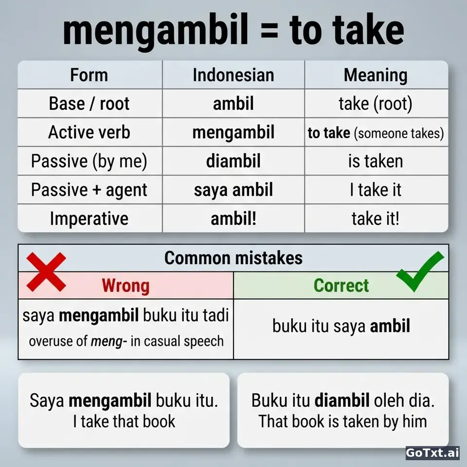 Verbos irregulares en indonesio: el verbo "mengambil" paso a paso — illustration | GoTxt