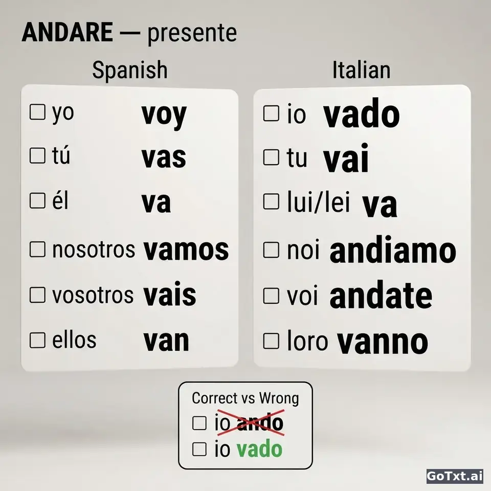 Verbos irregulares en italiano: "andare" paso a paso, todas sus formas — illustration | GoTxt