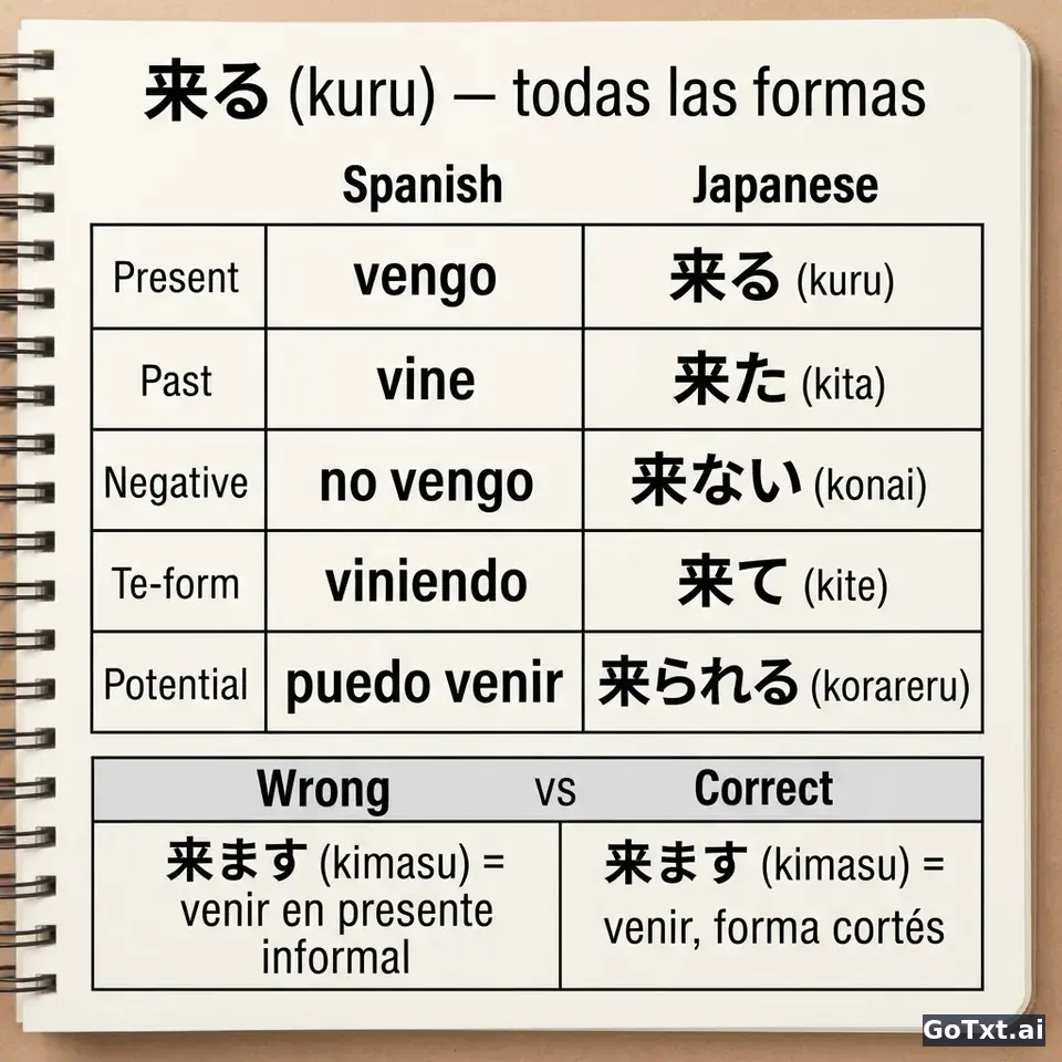 Verbos irregulares en japonés: desglose paso a paso de 来る (kuru) — illustration | GoTxt