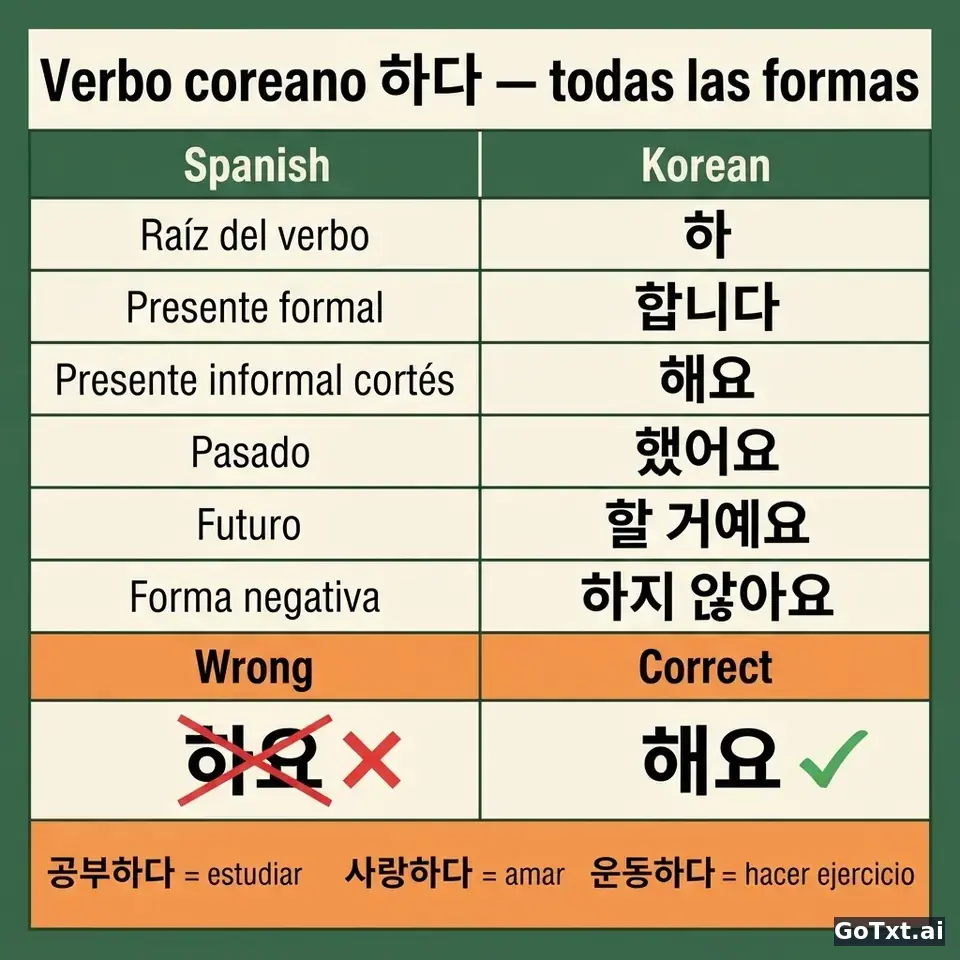 Verbos irregulares en coreano: el verbo **하다** y todas sus formas, paso a paso — illustration | GoTxt