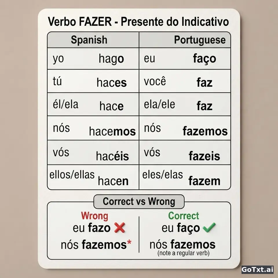 Verbos irregulares en portugués: el verbo "fazer" paso a paso — illustration | GoTxt