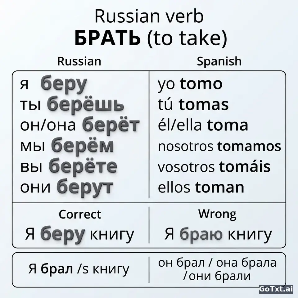 Verbos irregulares en ruso: el verbo "брать" paso a paso — illustration | GoTxt