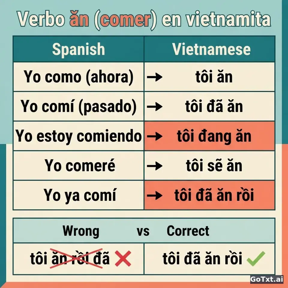 Verbos irregulares en vietnamita: el verbo "ăn" (comer) paso a paso — illustration | GoTxt