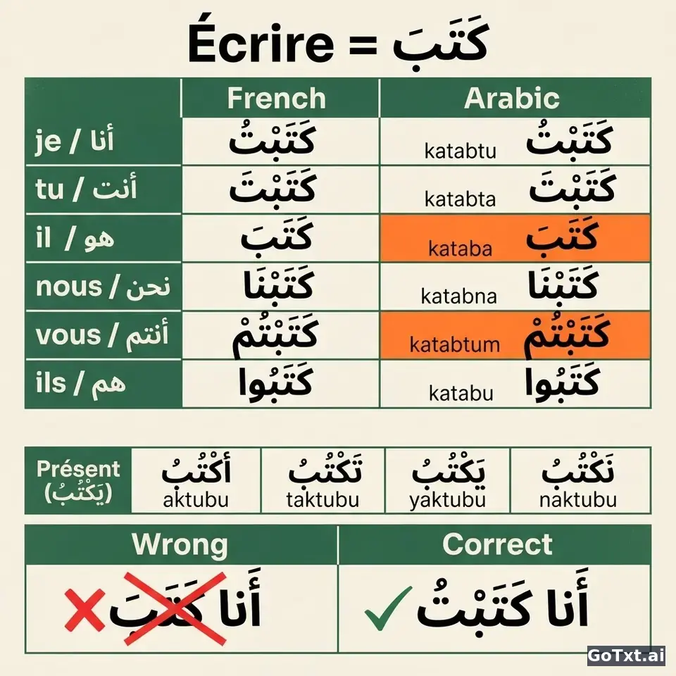 Verbes irréguliers en arabe : le verbe كَتَبَ (écrire) décortiqué forme par forme — illustration | GoTxt